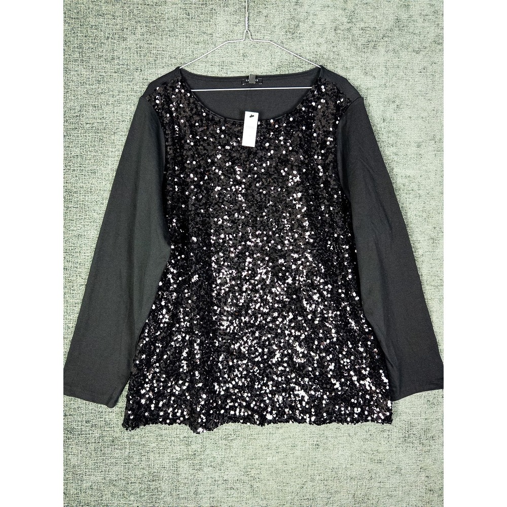 NWT Talbots‎ Plus Sequin Front Peplum Top Womens 2X Black Long Sleeve Party Glam